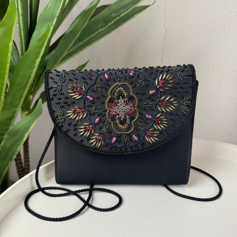 Whimsigoth Bohemian Vintage Beaded Satin Purse Evening Bag Medallion Design